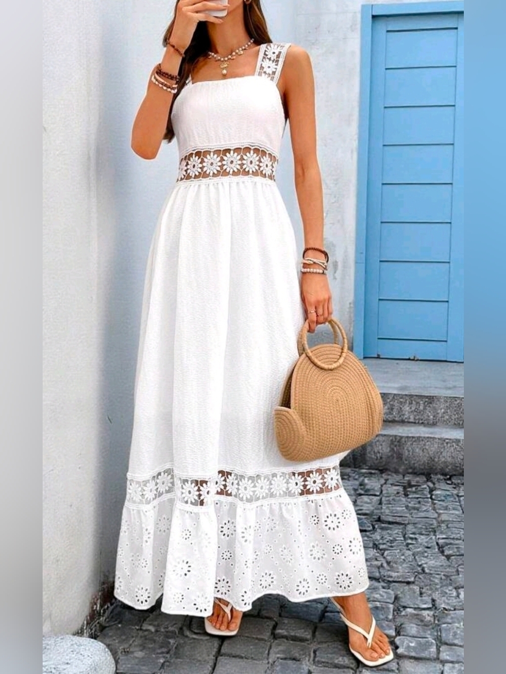 * New Boho Sheer Embroidered Eyelet Lace Maxi Dress White - Picture 1 of 12